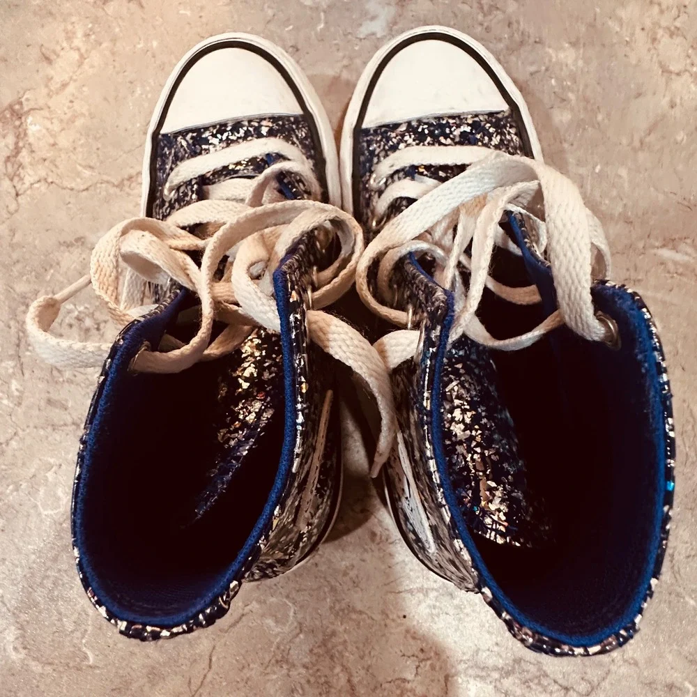 Converse Chuck Taylor All Star Hi Top Blue Silver Glitter Confetti Kids Size 13